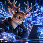 青紫のサイバー空間で、眼鏡をかけた鹿のエンジニアが大量の情報画面とノートPCを前に考え込むイラスト