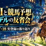 鹿の予想家が機械学習の画面を見つめ、可愛い競走馬が走る競馬反省会のイメージイラスト