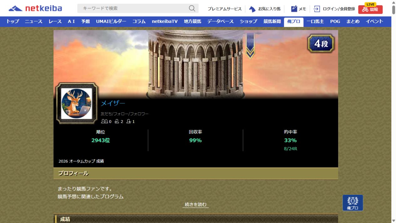 全24レース終了後の俺プロ成績画面 回収率99％ 的中率33％ 8/24R
