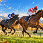秋の競馬場を走る3頭の競走馬と機械学習データを表す光のグラフのイラスト