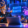 鹿のエンジニアが、既存の担当を示す青いカードを指し、別の紫のカードを持ってきたAIアシスタントに笑顔で説明するイラスト